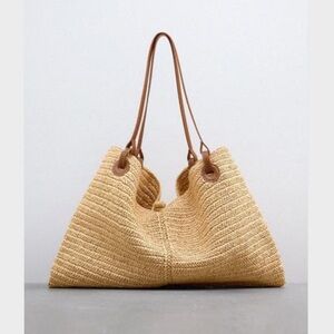 Zara Natural Woven Tote Bag Dual Shoulder Straps Tan Loop Button Closure NWT-M